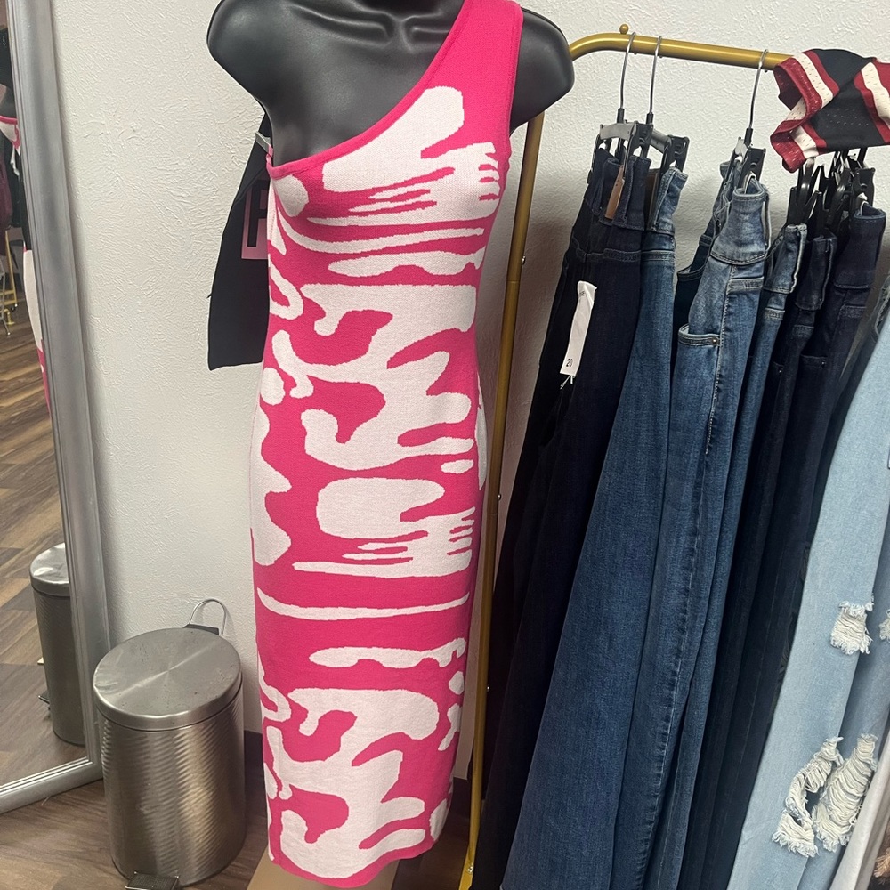 Pink and White One-Shoulder Dress